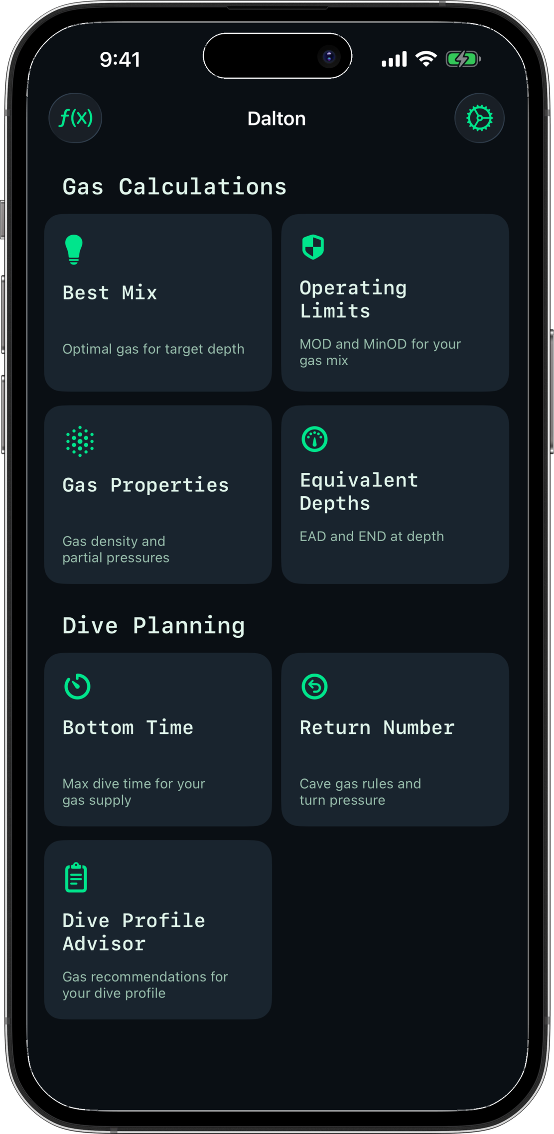 Dalton app showing the complete tool grid with seven professional gas tools