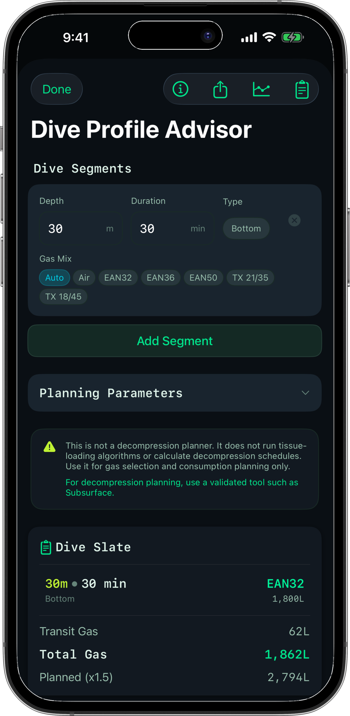 Dalton multi-gas dive profile advisor