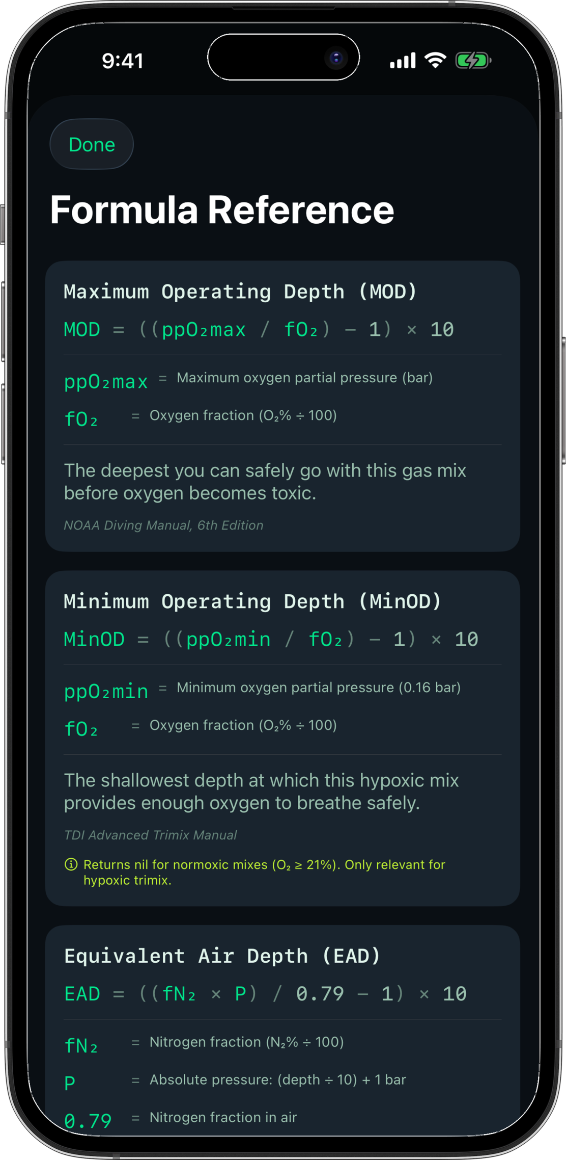 Formula reference showing transparent step-by-step derivation with source citations