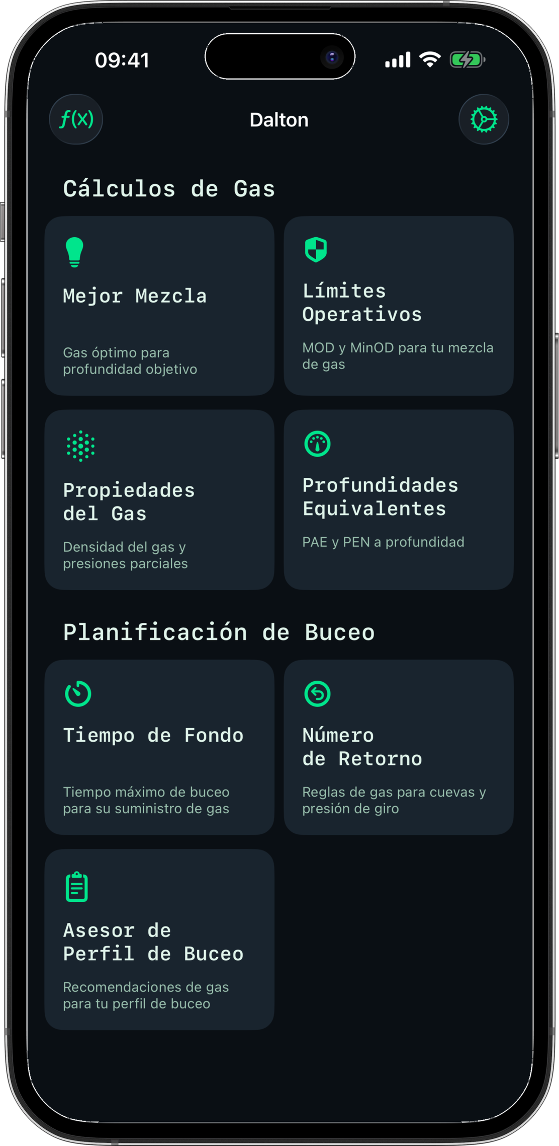 Aplicación Dalton mostrando la cuadrícula completa de herramientas con siete herramientas profesionales de gas