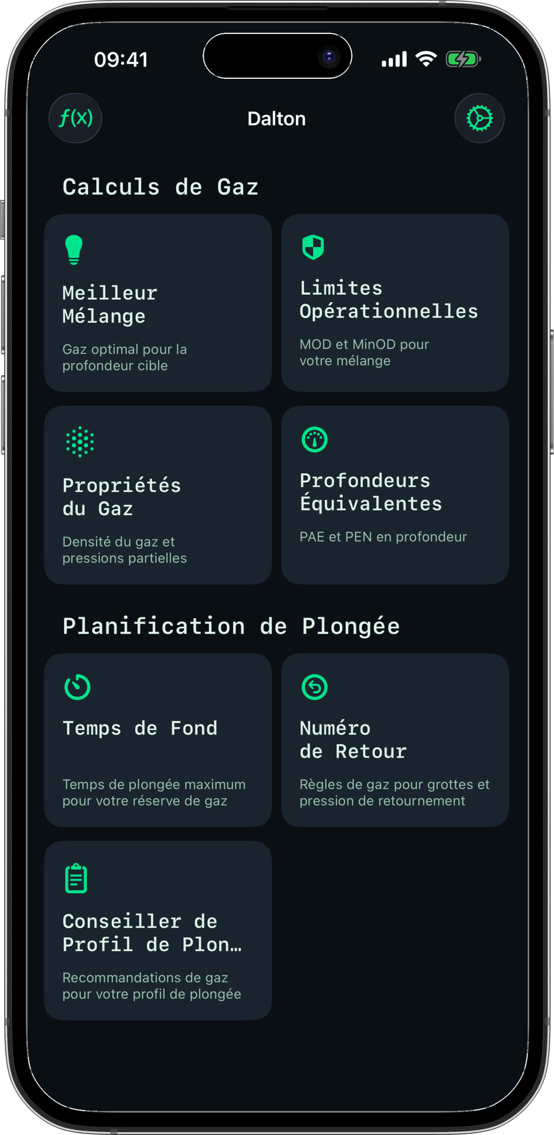 Application Dalton affichant la grille complete avec sept outils professionnels de gaz