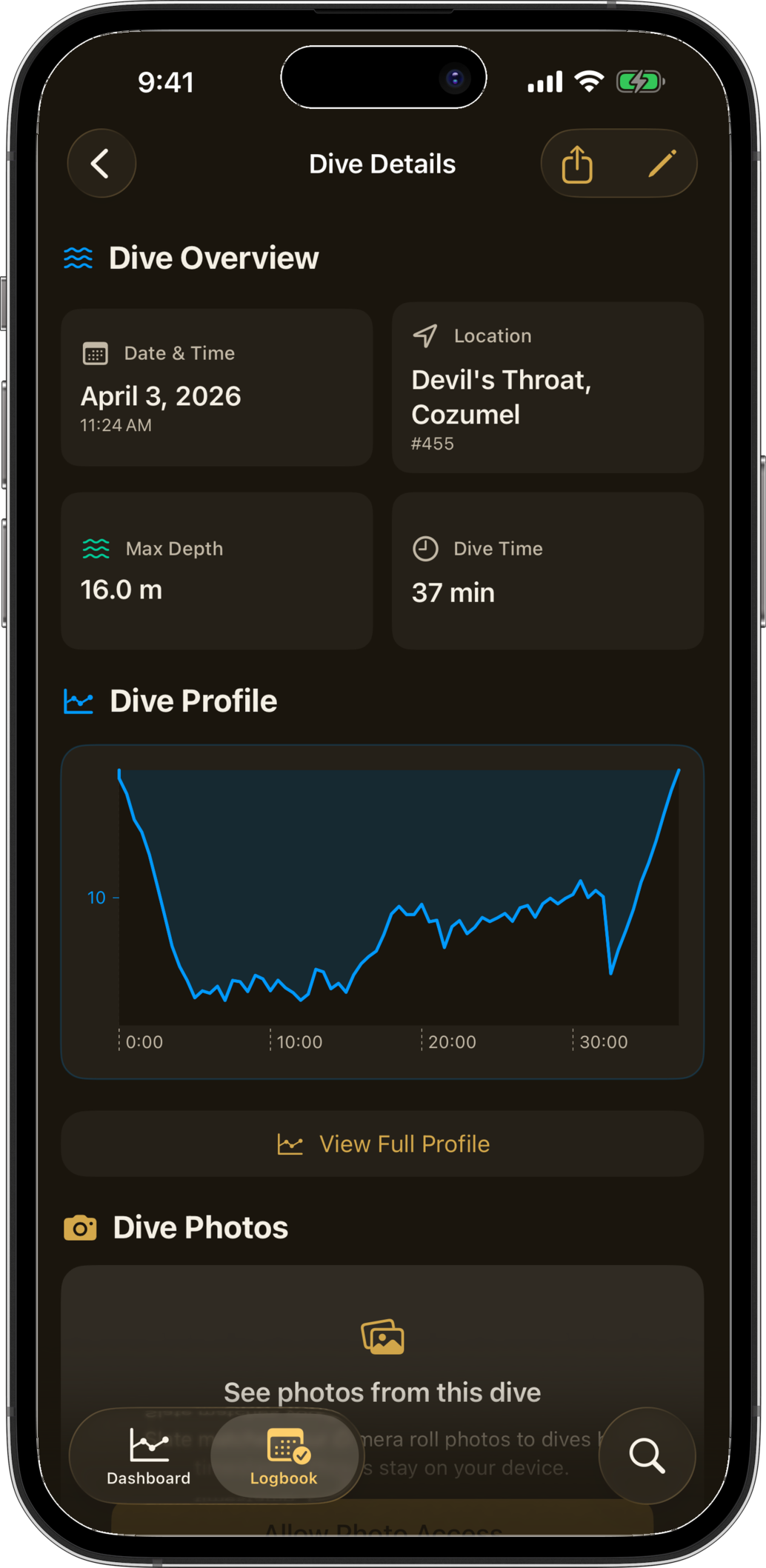 Dive detail view showing depth profile, gas mix, and conditions