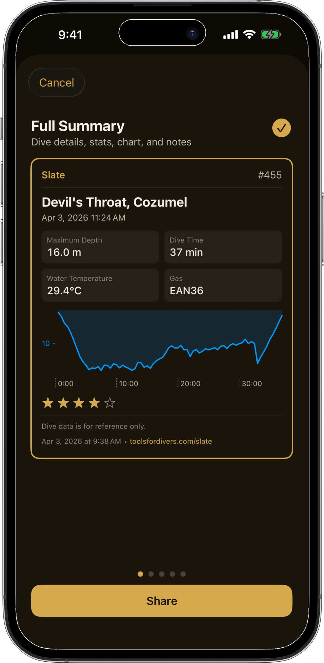 Professional dive card with depth profile, stats, and site info ready to share