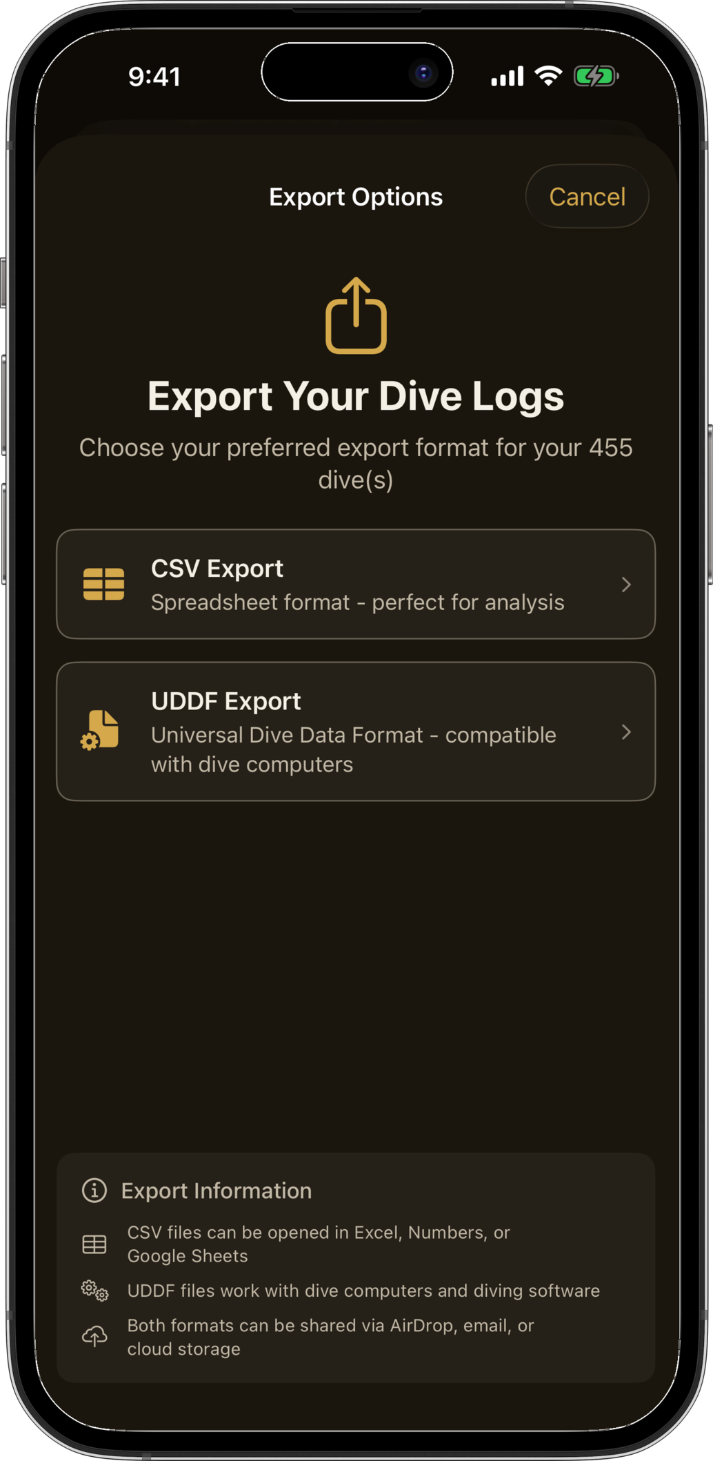 Export options showing CSV and UDDF format choices