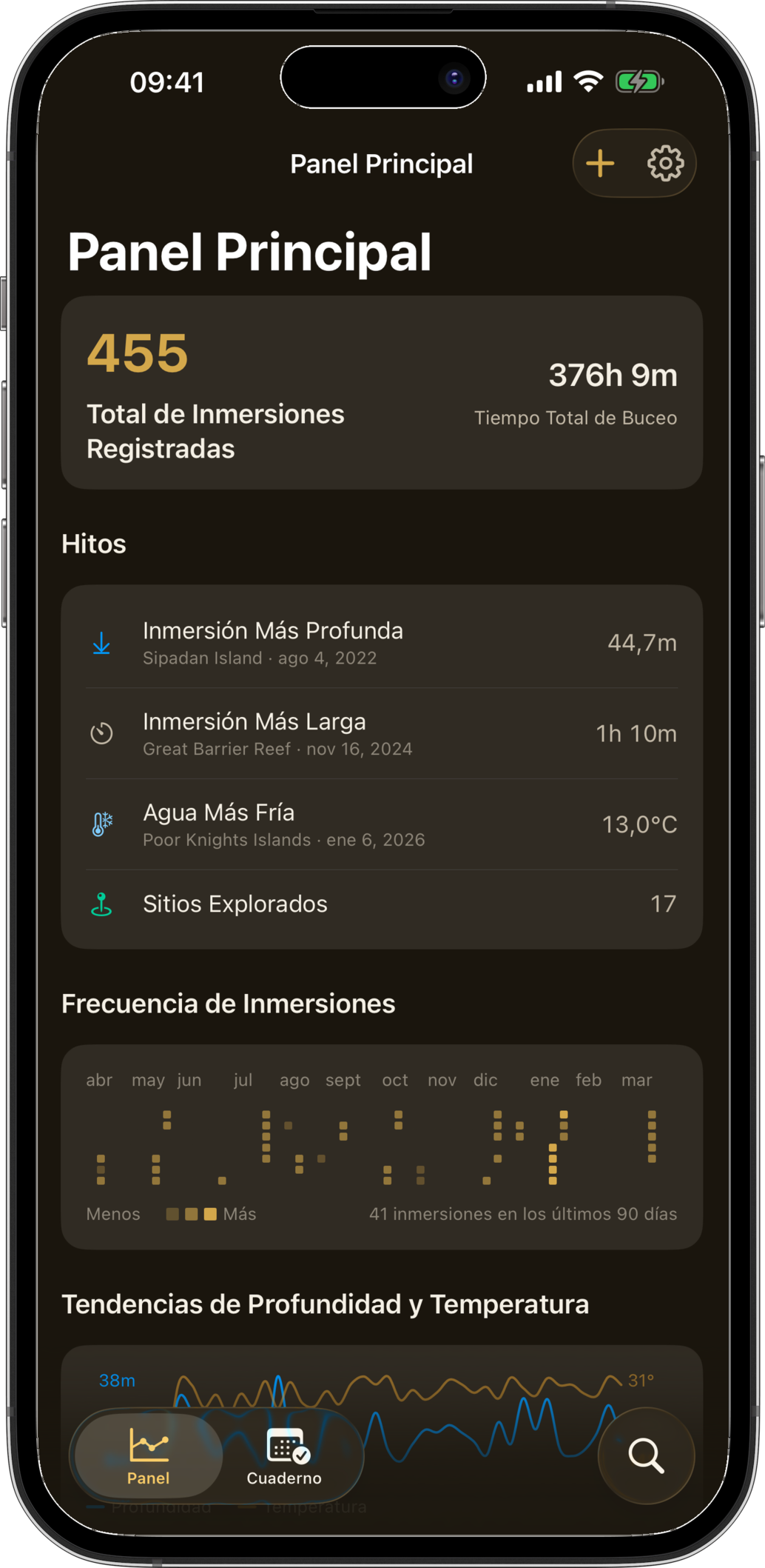 La app Slate mostrando el panel de carrera con estadísticas y tendencias de buceo
