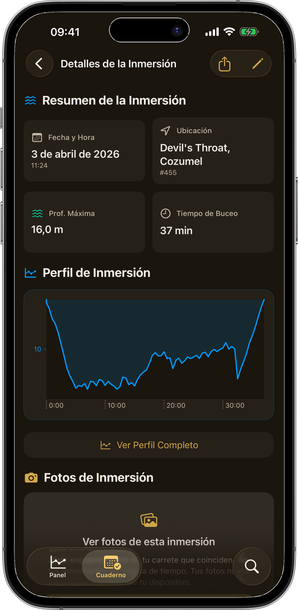 Vista de detalle de inmersión con perfil de profundidad, mezcla de gas y condiciones