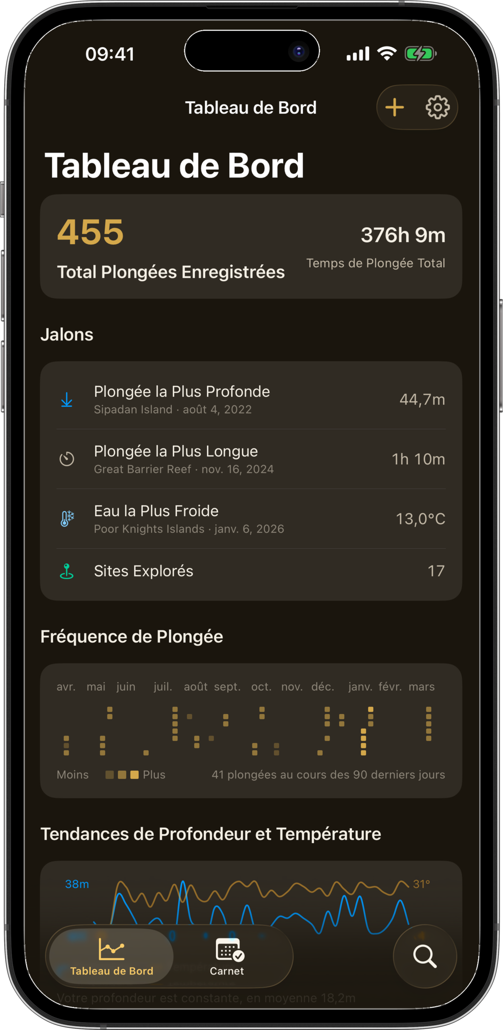 L'application Slate montrant le tableau de bord de carrière avec statistiques et tendances de plongée