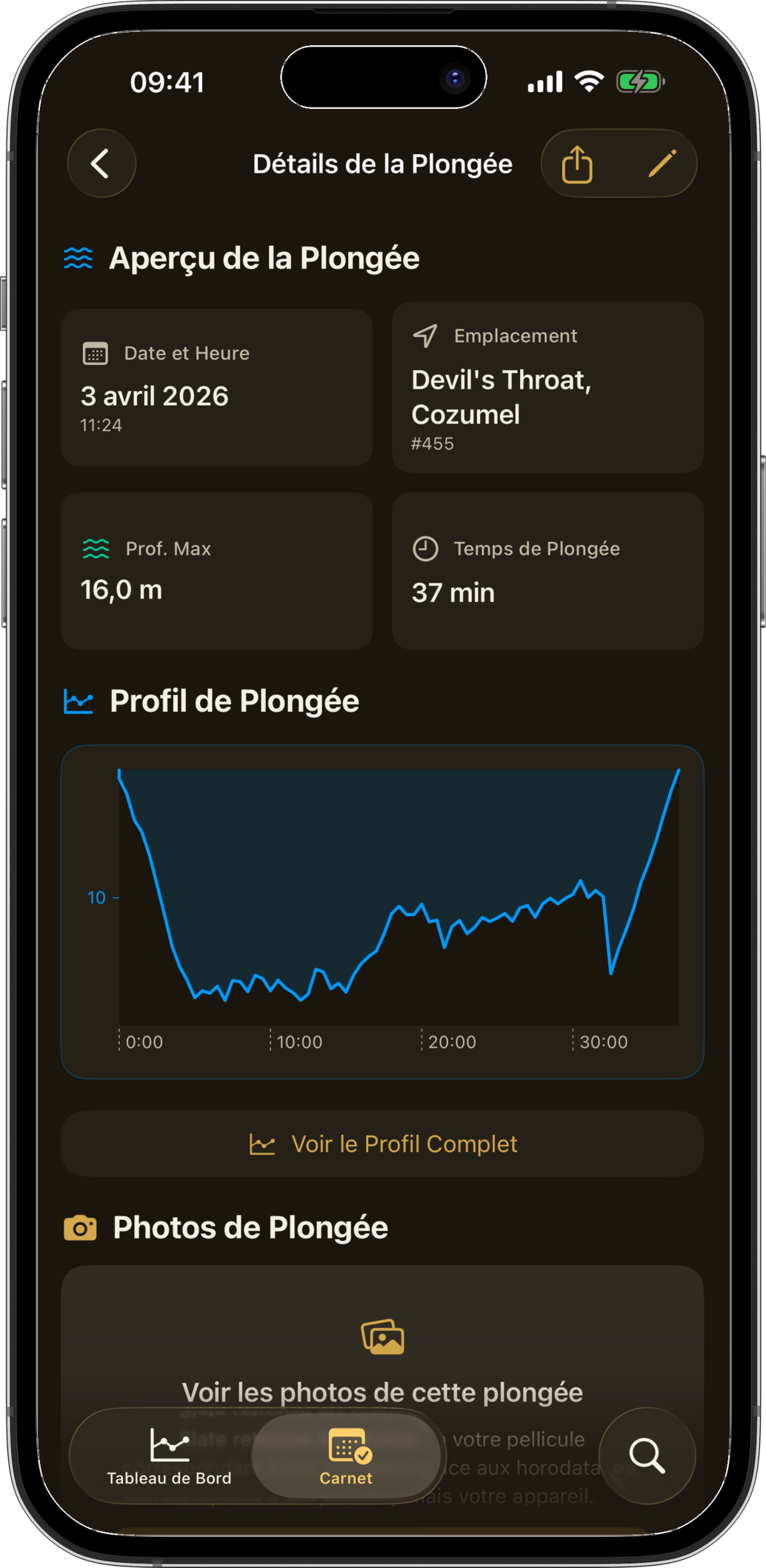 Vue de détail d'une plongée avec profil de profondeur, mélange gazeux et conditions